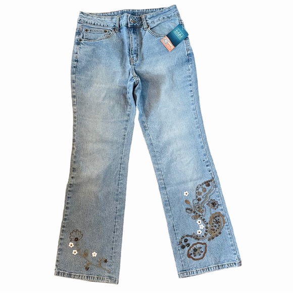 Vintage 70s Bootcut Embroidered Jeans Daisy Light Wash Flare Retro Denim Size 6 - Picture 3 of 9